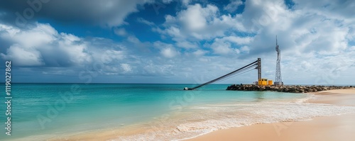 Submarine cable landing station on a remote beach, with cables emerging from the water, submarine fiberoptic cable, connectivity onshore