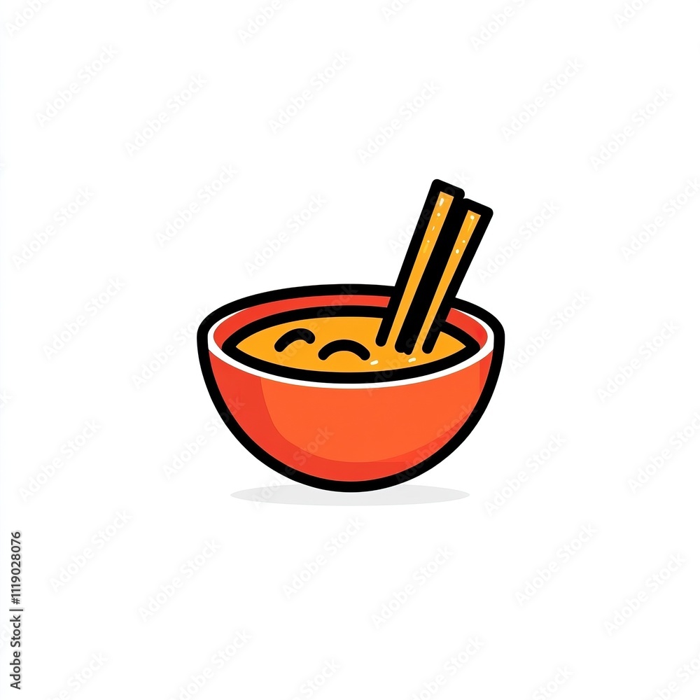 Cartoon illustration of an orange bowl of soup with chopsticks. Cartoon illustration of an orange bowl of soup with chopsticks.