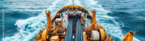 View of a ship deploying submarine cables, industrial winches and ocean waves in the background, submarine fiberoptic cable, marine infrastructure