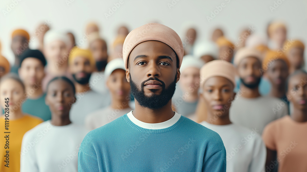 diverse group of people wearing pastel colored hats stands together, showcasing unity and strength. central figure exudes confidence and determination, symbolizing hope and equality diverse group of people wearing pastel colored hats stands together, showcasing unity and strength. central figure exudes confidence and determination, symbolizing hope and equality