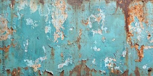 Fototapeta Naklejka Na Ścianę i Meble -  Weathered blue rusted metal surface with peeling paint creating a textured abstract background. Perfect for industrial or vintage design concepts.