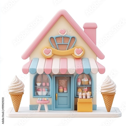 Charming Pastel-Colored Ice Cream Shop House with Cones. photo