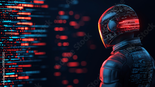 futuristic autonomous AI figure stands against backdrop of glowing data streams, showcasing blend of technology and innovation. vibrant colors evoke sense of advanced cybernetics