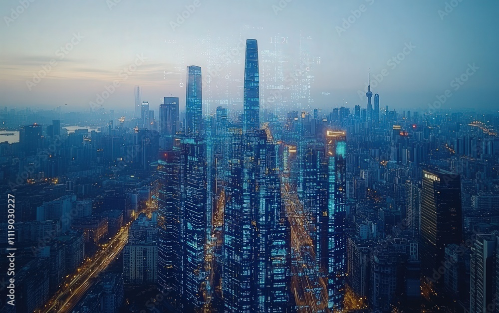 Fototapeta premium Stunning aerial cityscape at dawn, illuminated skyscrapers with digital overlay, showcasing technological advancement and urban development.