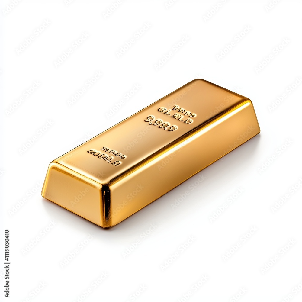 Shiny Gold Bar on White Background with Imprint of Purity and Weight Shiny Gold Bar on White Background with Imprint of Purity and Weight