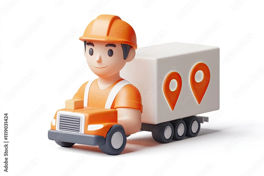 A 3D icon of a delivery driver portrait with a parcel truck and route marker in an orange and white theme on a white background A 3D icon of a delivery driver portrait with a parcel truck and route marker in an orange and white theme on a white background