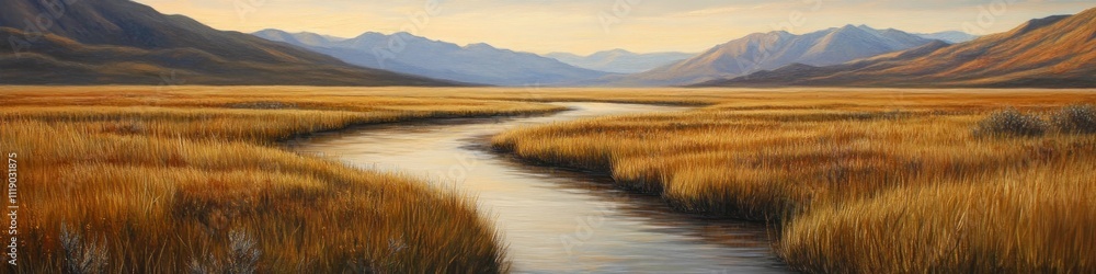 Serene River Meandering Through Golden Grassland Mountainscape