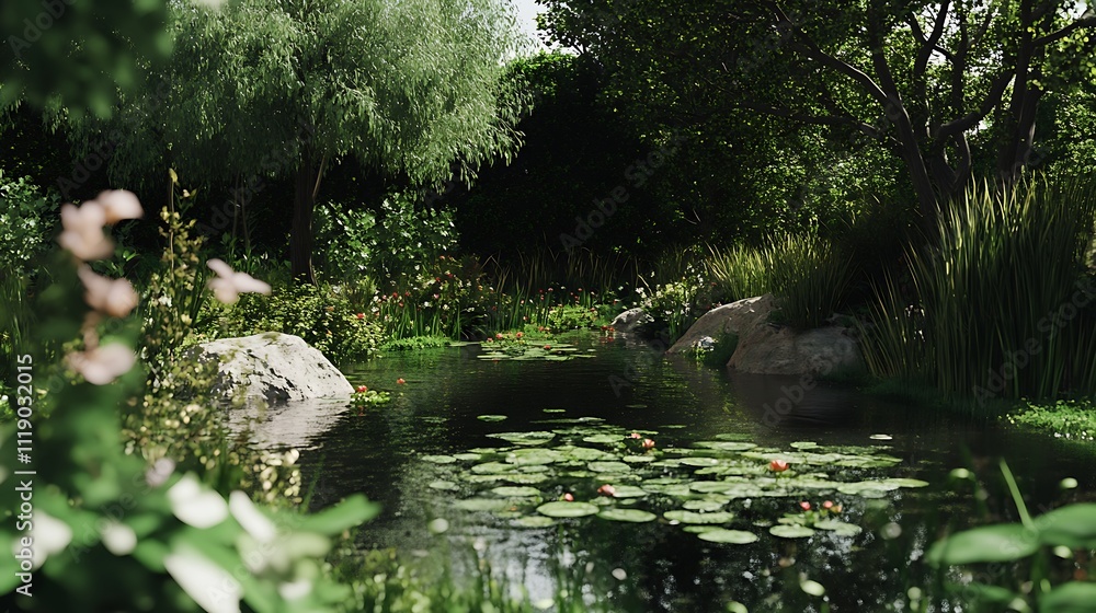 Serene Pond Nestled Within Lush Green Foliage Serene Pond Nestled Within Lush Green Foliage