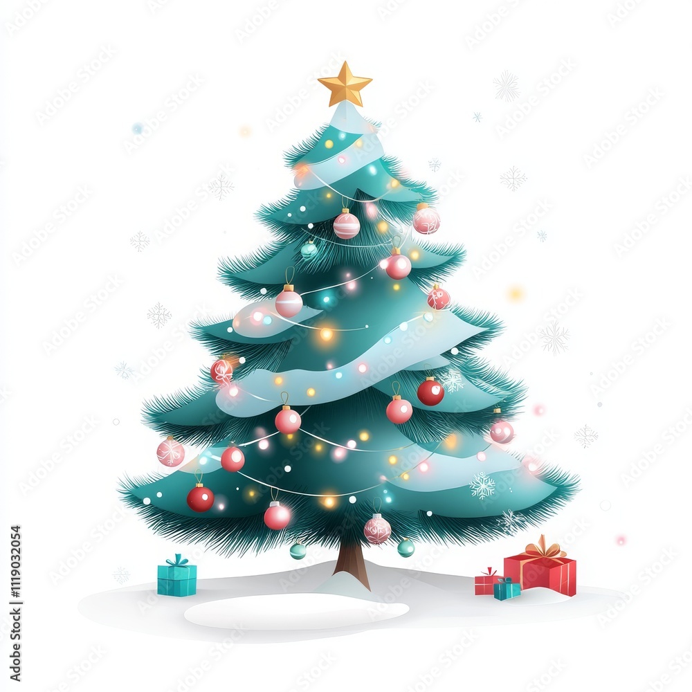Obraz premium Colorful Christmas Tree with Ornaments and Presents in Winter Scene