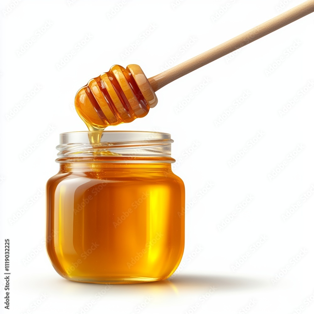Golden Honey Dripping from Wooden Dipper into Glass Jar Close-Up Golden Honey Dripping from Wooden Dipper into Glass Jar Close-Up