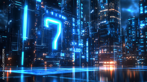 Wallpaper Mural Futuristic Cityscape Digital Number Seven Neon Glows in Tech Metropolis Torontodigital.ca
