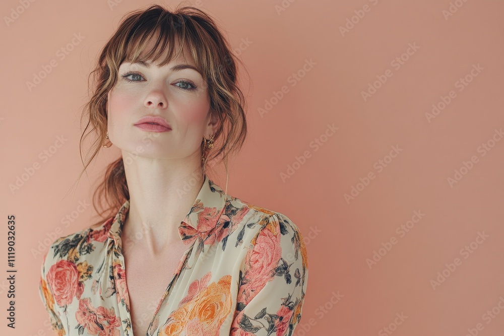 Elegant Woman in Floral Blouse Against Soft Peach Background Elegant Woman in Floral Blouse Against Soft Peach Background