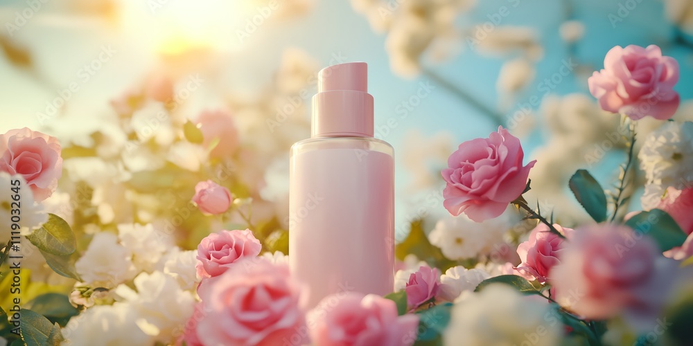 A bottle of perfume is placed in a field of pink flowers. The bottle is clear and has a pink cap. The flowers are scattered throughout the field, with some closer to the bottle and others further away A bottle of perfume is placed in a field of pink flowers. The bottle is clear and has a pink cap. The flowers are scattered throughout the field, with some closer to the bottle and others further away