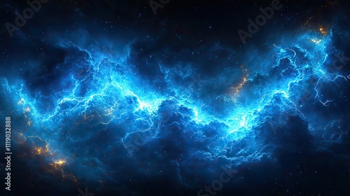 Vivid blue lightning bolts crackle against a dark, abstract background, illuminating the scene with electric energy