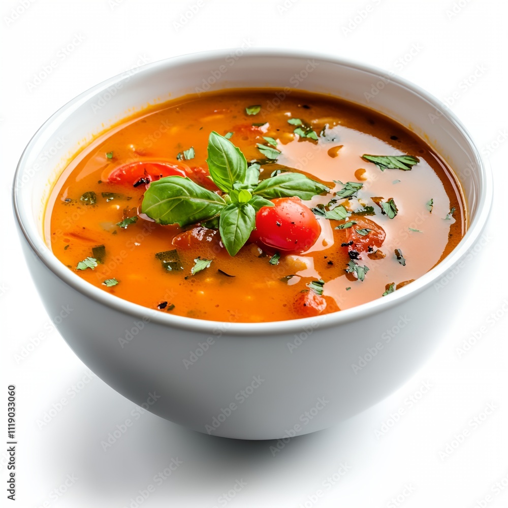 A bowl of soup with basil and tomatoes. The soup is red and has a green garnish A bowl of soup with basil and tomatoes. The soup is red and has a green garnish
