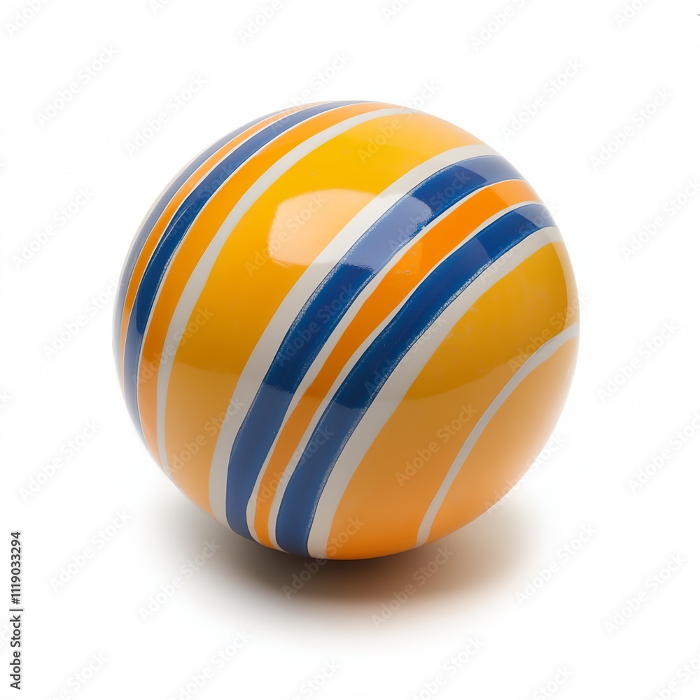 A yellow and blue striped ball. The ball is round. The ball is on a white background A yellow and blue striped ball. The ball is round. The ball is on a white background