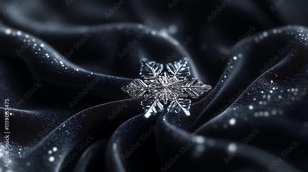 A Delicate Snowflake Resting on a Dark, Shimmering Fabric A Delicate Snowflake Resting on a Dark, Shimmering Fabric