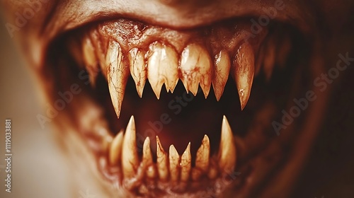 Close-up of a monstrous mouth with sharp fangs and blood.