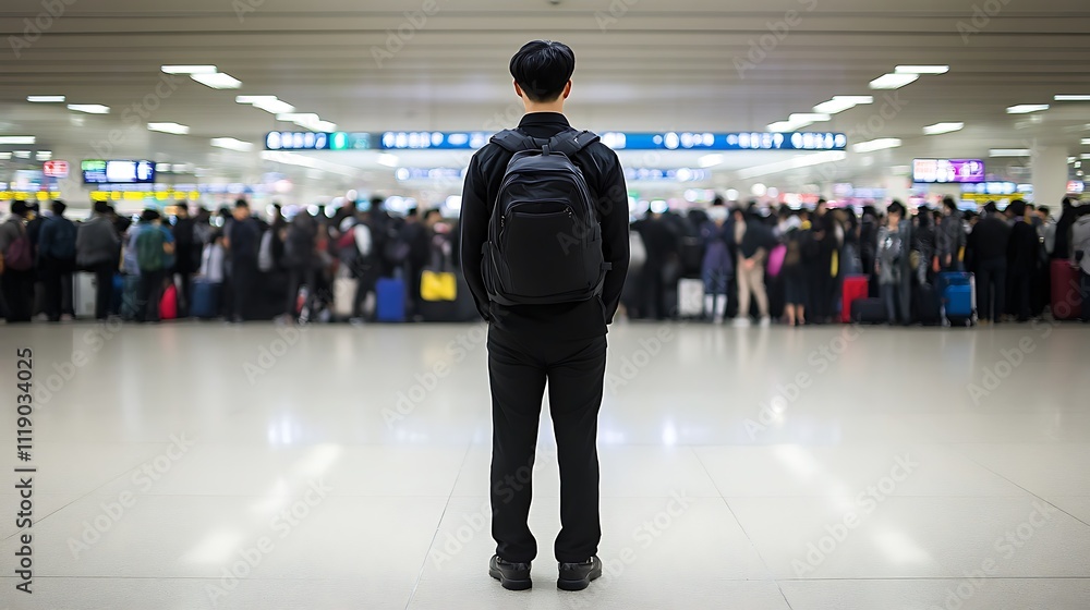 Man With Backpack Stands Before A Crowd Of Travelers