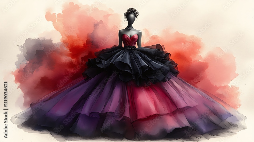 Obraz premium Elegant black and red ball gown on mannequin, watercolor background.