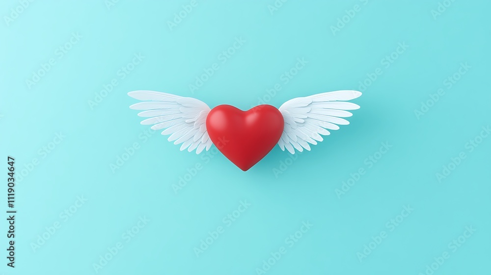 Red Heart With White Wings On Blue Background Red Heart With White Wings On Blue Background