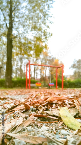 Autumn leaves scatter beneath an empty swing, symbolizing silence and reflection