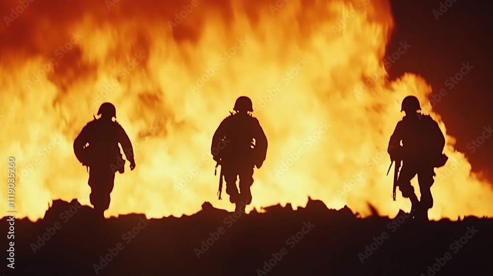Three Silhouettes of Soldiers Walking Away from a Fiery Explosion Three Silhouettes of Soldiers Walking Away from a Fiery Explosion