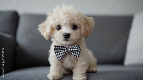 A tiny cream-colored toy poodle puppy with big, round eyes, wearing a black and white checkered bow, sitting on a gray couch.