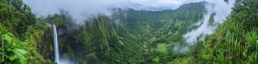 Majestic Waterfall Cascades Down Lush Green Mountain Valley Majestic Waterfall Cascades Down Lush Green Mountain Valley