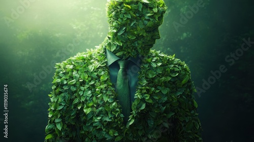 Sustainable Businessman Suit Made of Green Leaves with Necktie for Eco-Conscious Investment and Environmental Responsibility photo