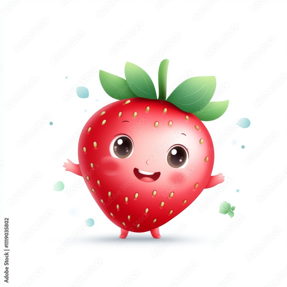 Obraz premium Cute Cartoon Strawberry Character with Happy Expression and Leaves