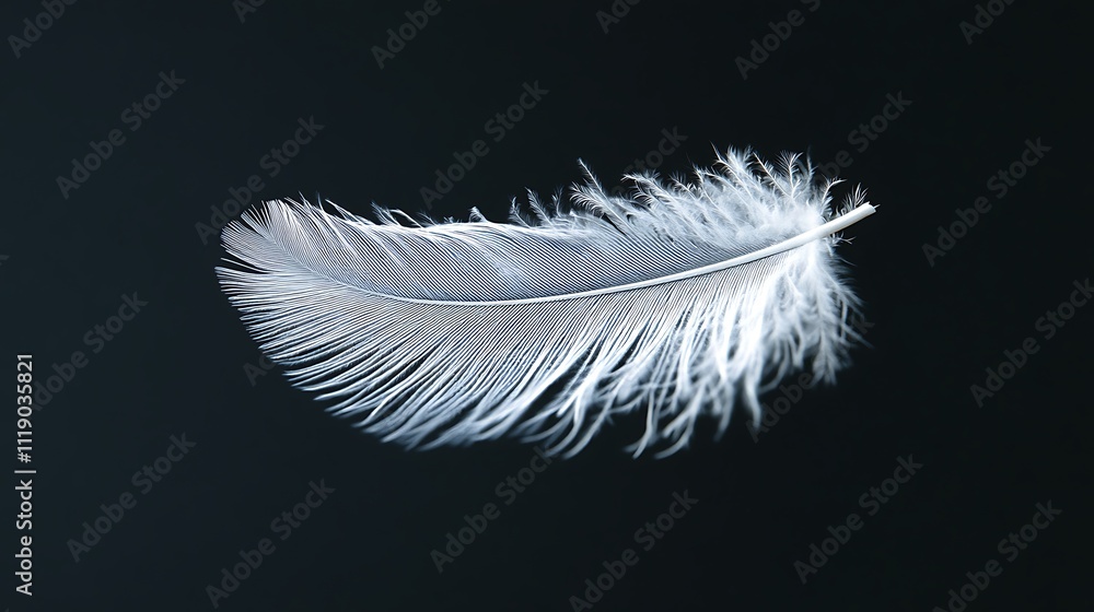 Obraz premium Single white feather isolated on black background.