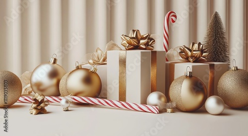 Festive Christmas Still Life with Golden Ornaments Gift Boxes and Candy Canes photo