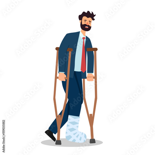 Bone injury or fracture of male patient. Businessman walking with crutches and gypsum on broken leg. Rehabilitation and treatment after accident.
