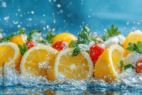 Refreshing citrus splash kitchen food photography bright colors close-up healthy eating concept for seo impact photo