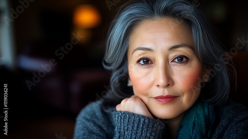 A contemplative woman with gray hair resting her chin on her hand.