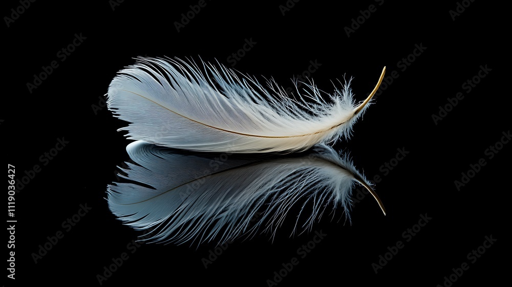 Obraz premium Single white feather with reflection on black background.