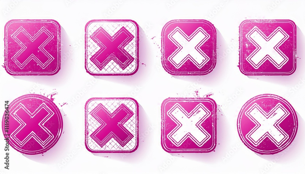 set Grunge pink x sign on isolated white background. Generated image set Grunge pink x sign on isolated white background. Generated image