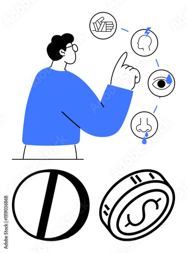 Person pointing at icons showing headache, eye strain, and nasal congestion, with images of a pill and a dollar coin. Ideal for healthcare, medical advice, wellness programs, pharmaceutical industry