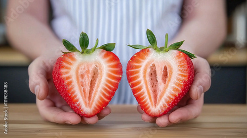 Juicy Strawberry Halves: Close-up of two perfectly halved strawberries, showcasing their vibrant red interior and fresh green leaves, held gently in hands. A tempting image for food blogs, recipes.