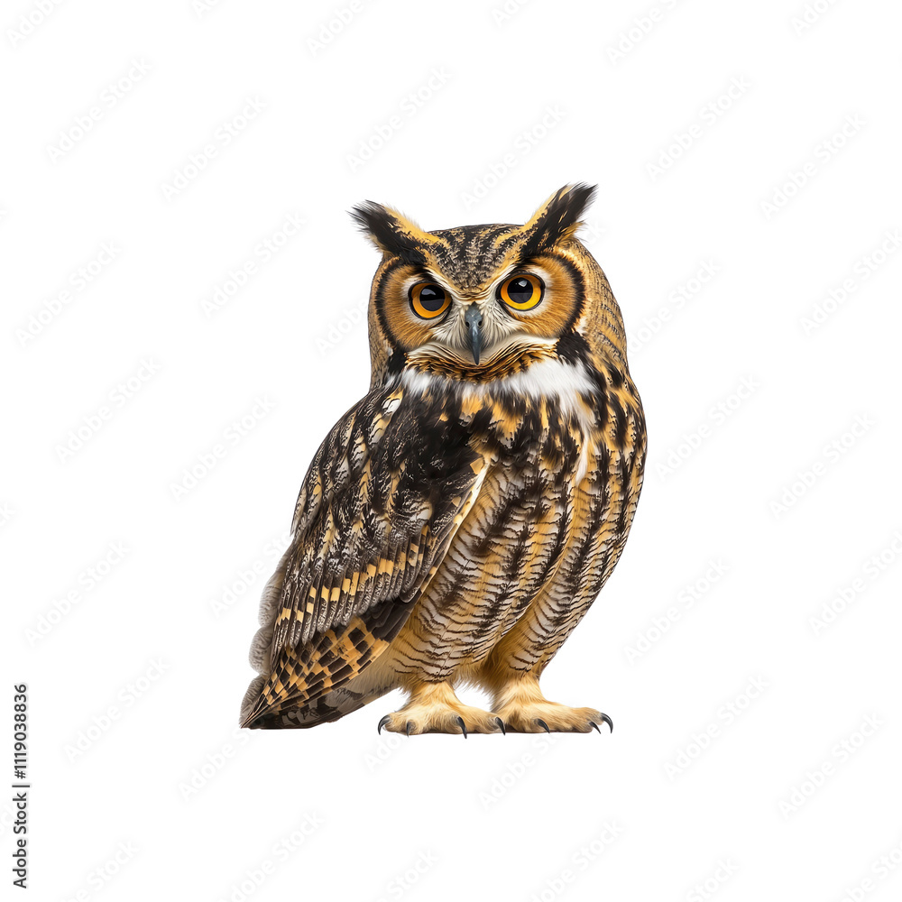 Majestic Great Horned Owl Isolated on White Background Majestic Great Horned Owl Isolated on White Background