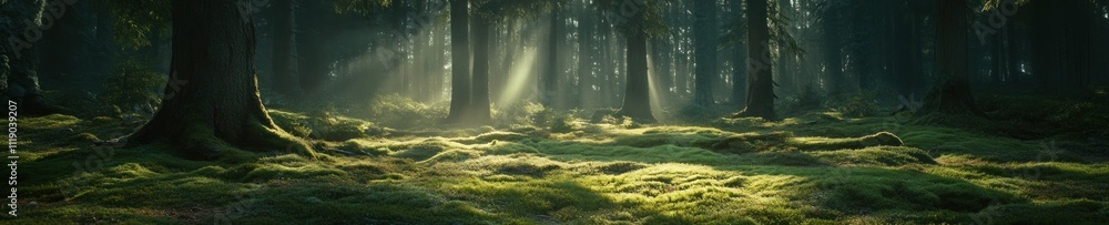 Sunlit Forest Floor Mossy Green Trees Sunlit Forest Floor Mossy Green Trees
