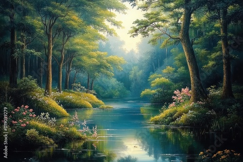Serene Forest Paradise Tranquil Scene Impressionism Nature Water Reflection