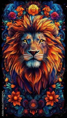 Lion Portrait Roaring with Floral Patterns in Psychedelic Colors Art Nouveau