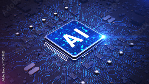 Canvastavla Futuristic AI chip with a brain-shaped circuit design glowing on a high-tech blue circuit board, Artificial intelligence, and neural computing systems