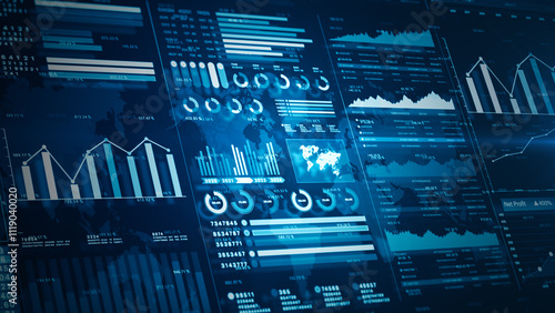 Financial dashboard with data visualizations, charts, and global analytics, illustrating business trends, market analysis, and strategy for business and economic investment background 3d Rendering