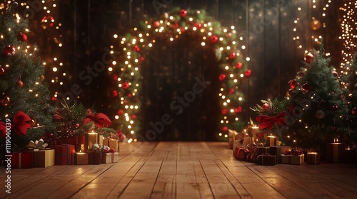 Festive 3D Podium with Christmas Wreath and Fir Branches for the Holidays 