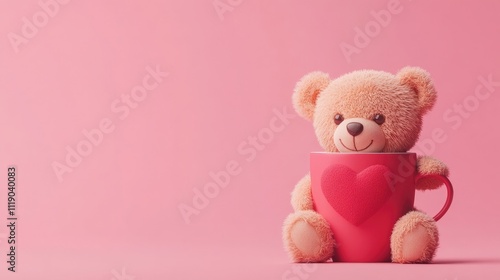 Teddy bear with a heart in a mug on a pink background