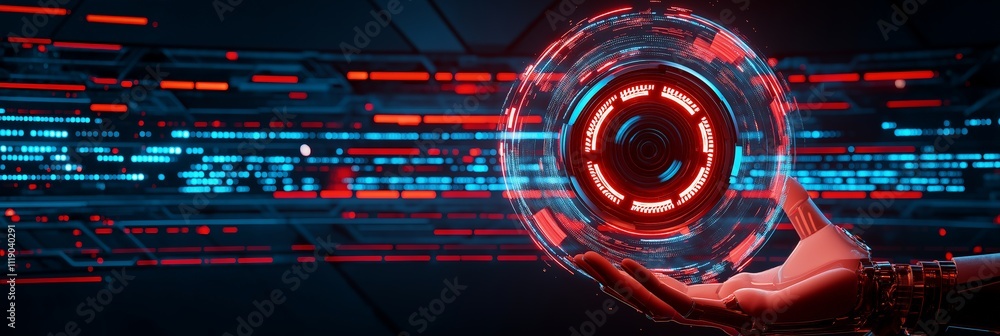 Obraz premium privacy data encryption surveillance concept. Futuristic hand holding a glowing digital orb with vibrant red and blue lights.