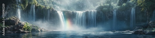 Majestic Waterfall Cascading Into Tranquil Pool With Rainbow